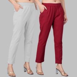 Combo of 2 Cotton Light Gray and Wine Women Regular Fit Solid Trousers-47504