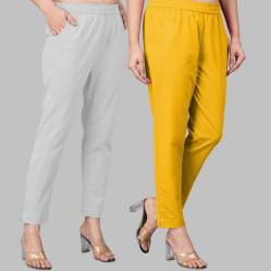 Combo of 2 Cotton Light Gray and Yellow Women Regular Fit Solid Trousers-47507