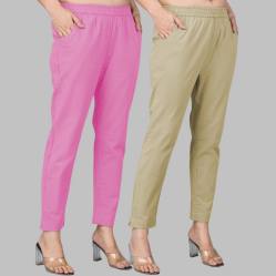 Combo of 2 Cotton Light Pink and Beige Women Regular Fit Solid Trousers-47635