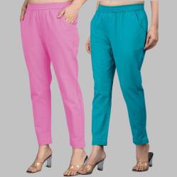 Combo of 2 Cotton Light Pink and Cyan Women Regular Fit Solid Trousers-47634