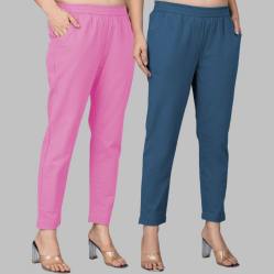 Combo of 2 Cotton Light Pink and Denim Women Regular Fit Solid Trousers-47638