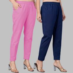 Combo of 2 Cotton Light Pink and Navy Blue Women Regular Fit Solid Trousers-47636