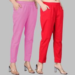 Combo of 2 Cotton Light Pink and Red Women Regular Fit Solid Trousers-47637
