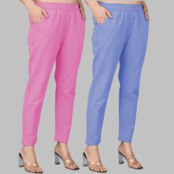 Combo of 2 Cotton Light Pink and Sky Blue Women Regular Fit Solid Trousers-47633