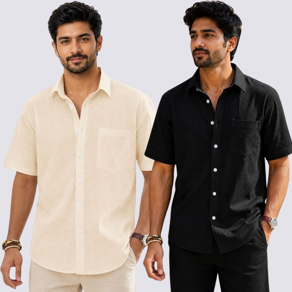 Combo of 2 Cotton Linen Half Sleeve Shirt Black and Light Beige-51939
