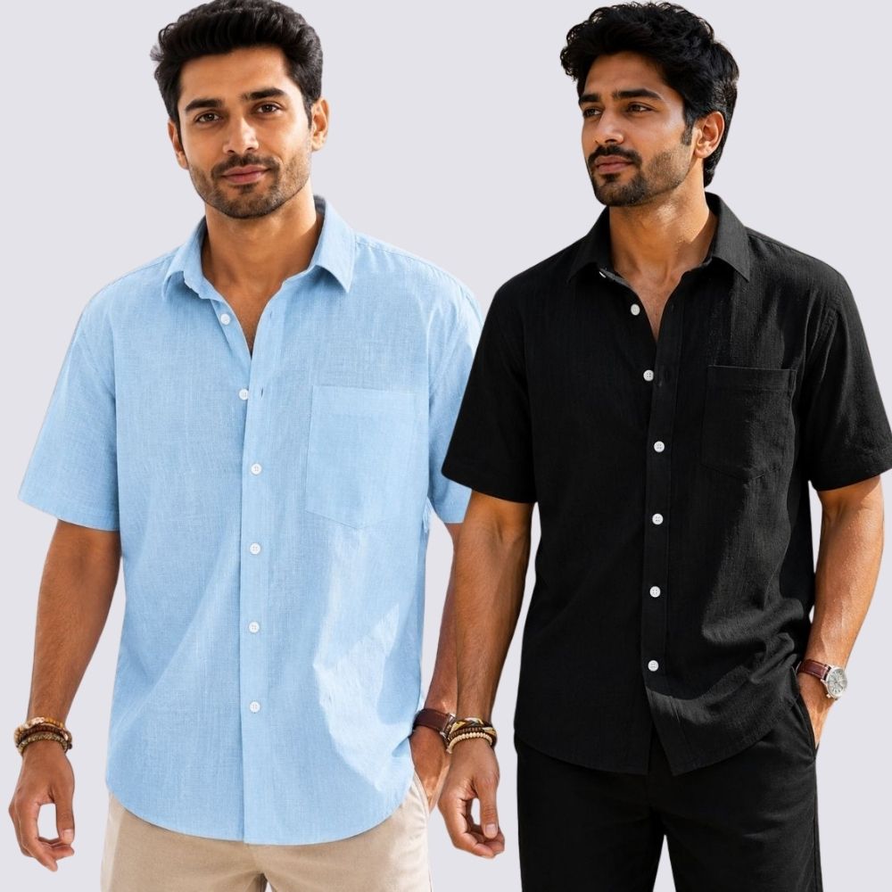 Combo of 2 Cotton Linen Half Sleeve Shirt Black and Light Blue-51944