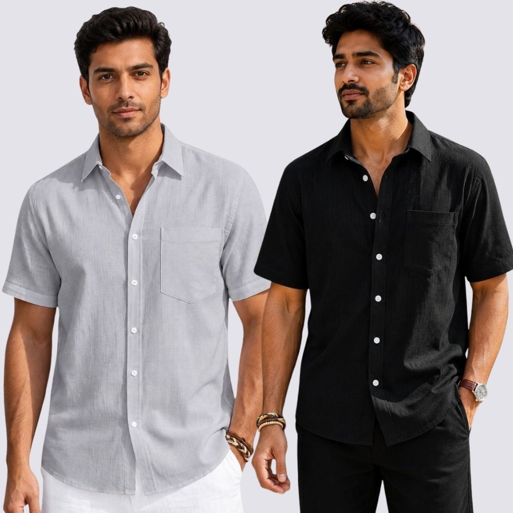 Combo of 2 Cotton Linen Half Sleeve Shirt Black and Light Gray-51937