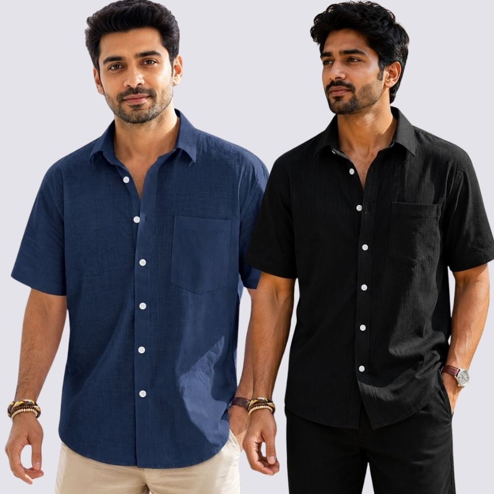 Combo of 2 Cotton Linen Half Sleeve Shirt Black and Navy Blue-51935