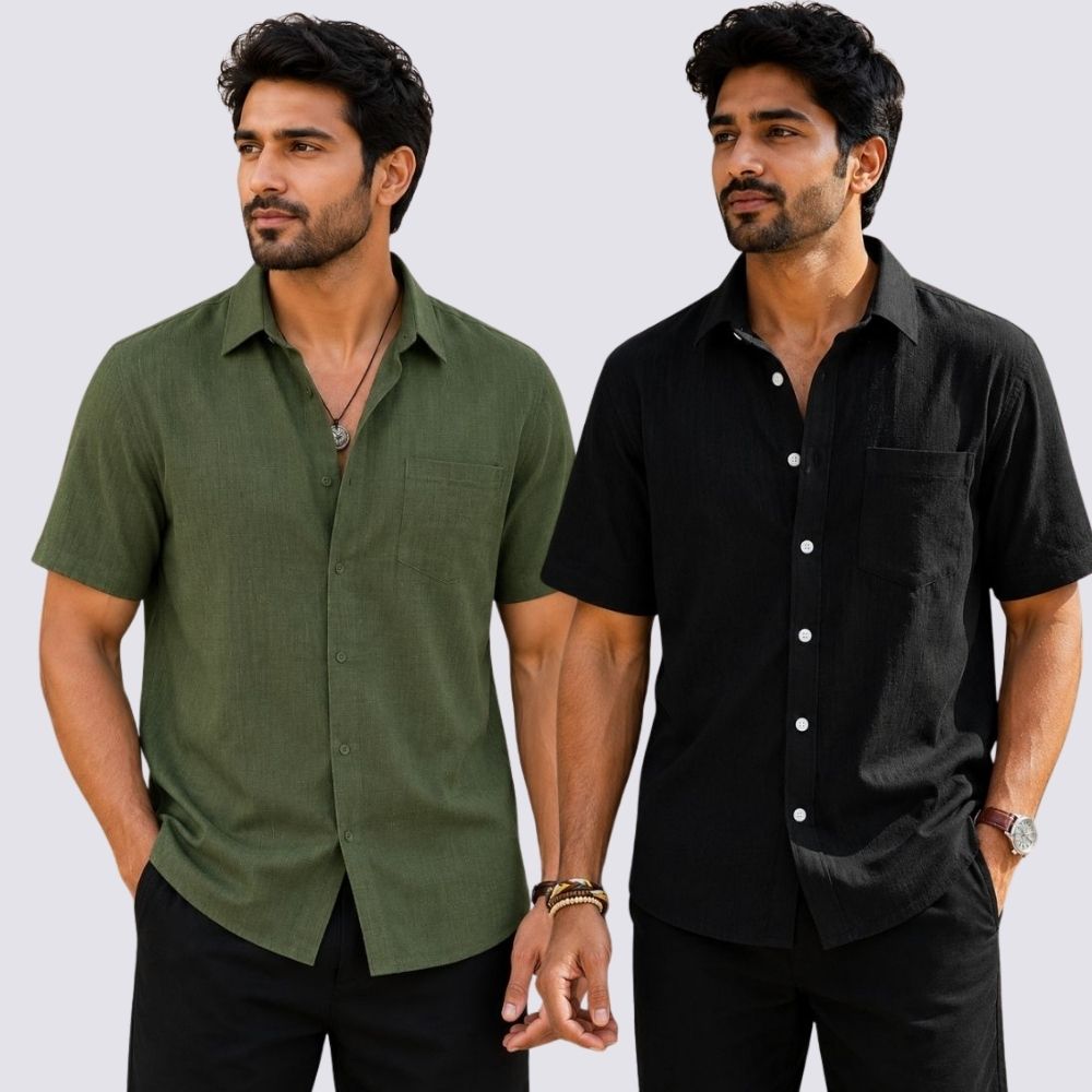 Combo of 2 Cotton Linen Half Sleeve Shirt Black and Olive Green-51934