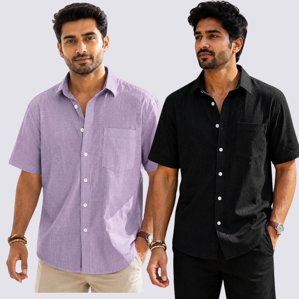 Combo of 2 Cotton Linen Half Sleeve Shirt Black and Purple-51943