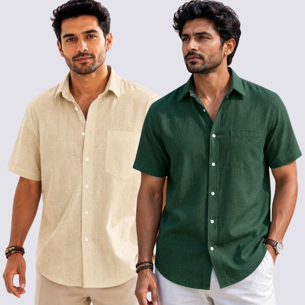 Combo of 2 Cotton Linen Half Sleeve Shirt Bottle Green and Beige-52009