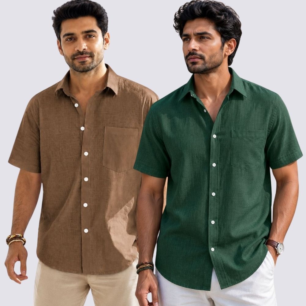 Combo of 2 Cotton Linen Half Sleeve Shirt Bottle Green and Brown-52005