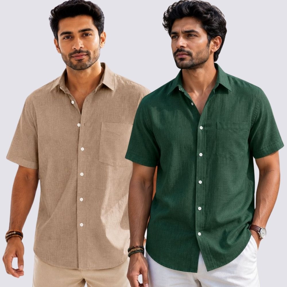 Combo of 2 Cotton Linen Half Sleeve Shirt Bottle Green and Dark Beige-52008