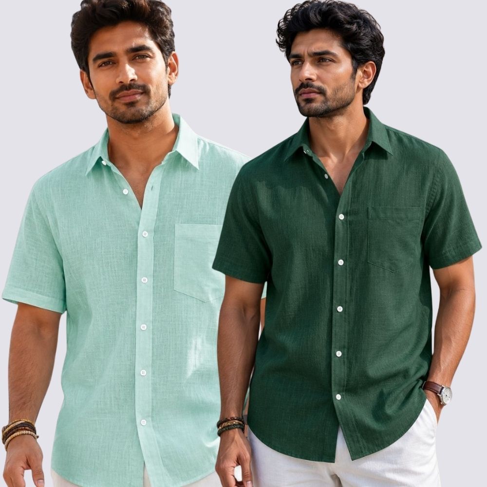 Combo of 2 Cotton Linen Half Sleeve Shirt Bottle Green and Parrot Green-52004
