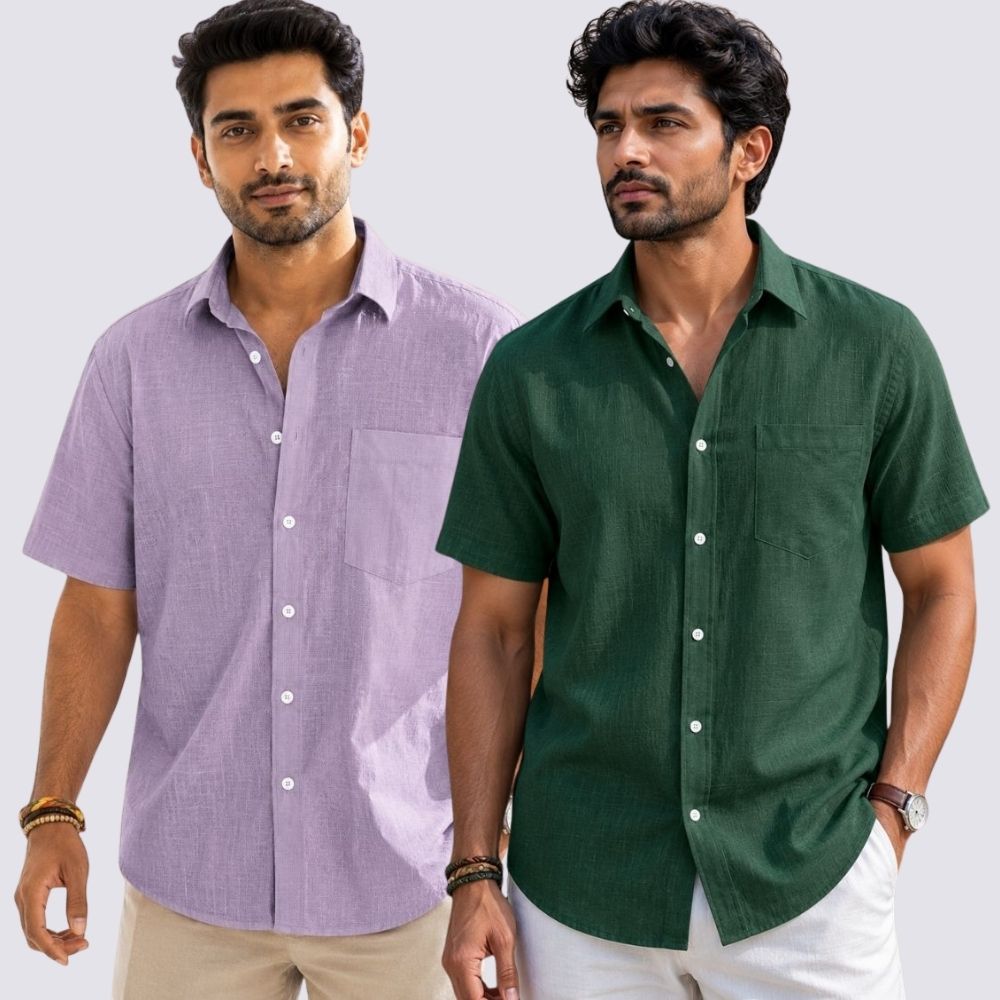 Combo of 2 Cotton Linen Half Sleeve Shirt Bottle Green and Purple-52006