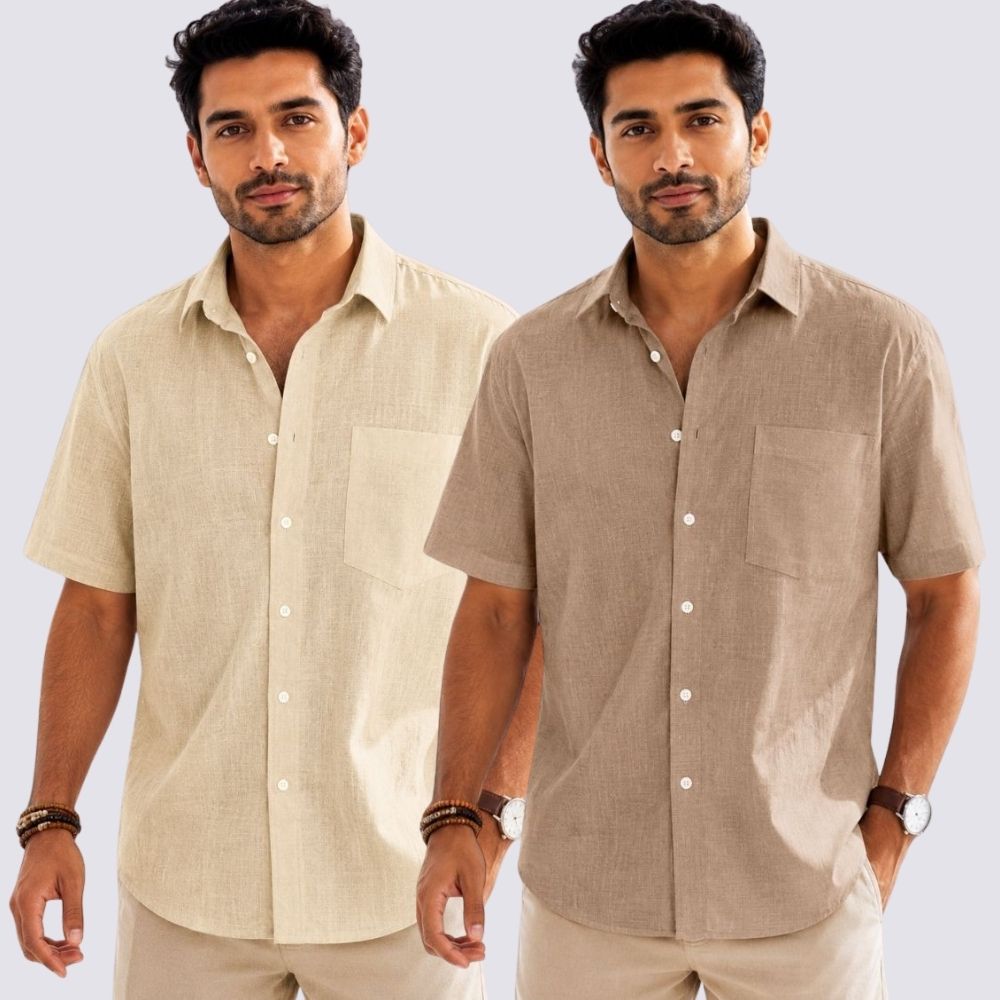Combo of 2 Cotton Linen Half Sleeve Shirt Dark Beige and Beige-52024