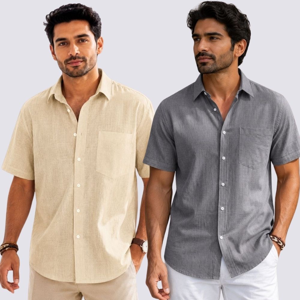 Combo of 2 Cotton Linen Half Sleeve Shirt Gray and Beige-51933