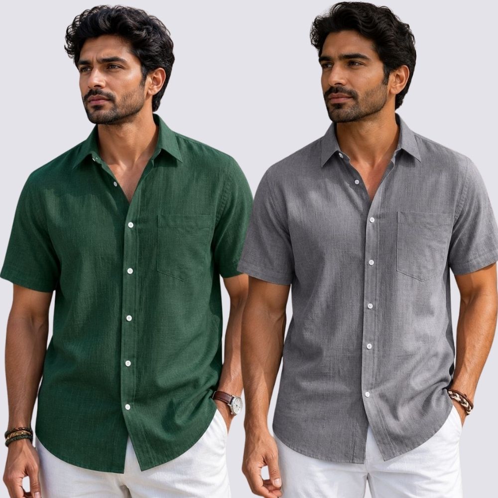 Combo of 2 Cotton Linen Half Sleeve Shirt Gray and Bottle Green-51927