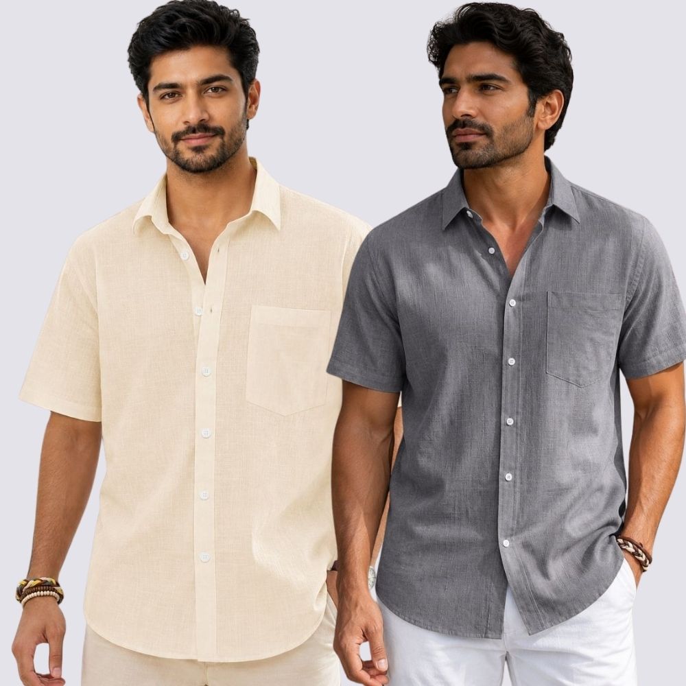 Combo of 2 Cotton Linen Half Sleeve Shirt Gray and Light Beige-51926
