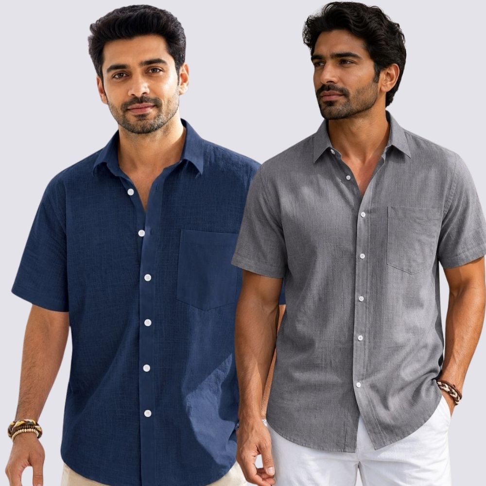 Combo of 2 Cotton Linen Half Sleeve Shirt Gray and Navy Blue-51922