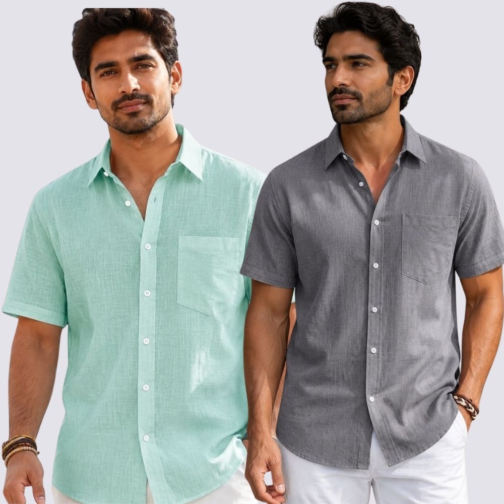 Combo of 2 Cotton Linen Half Sleeve Shirt Gray and Parrot Green-51928