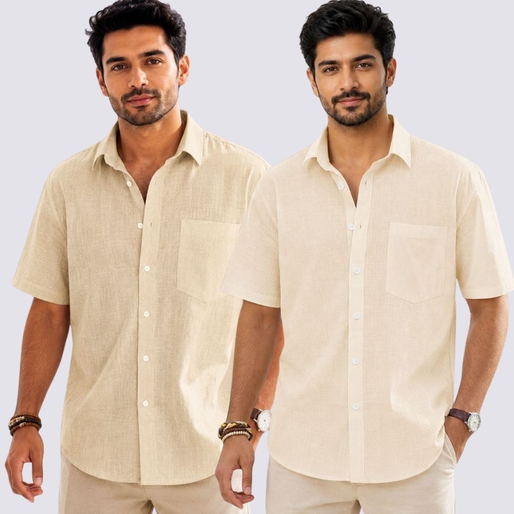 Combo of 2 Cotton Linen Half Sleeve Shirt Light Beige and Beige-52003