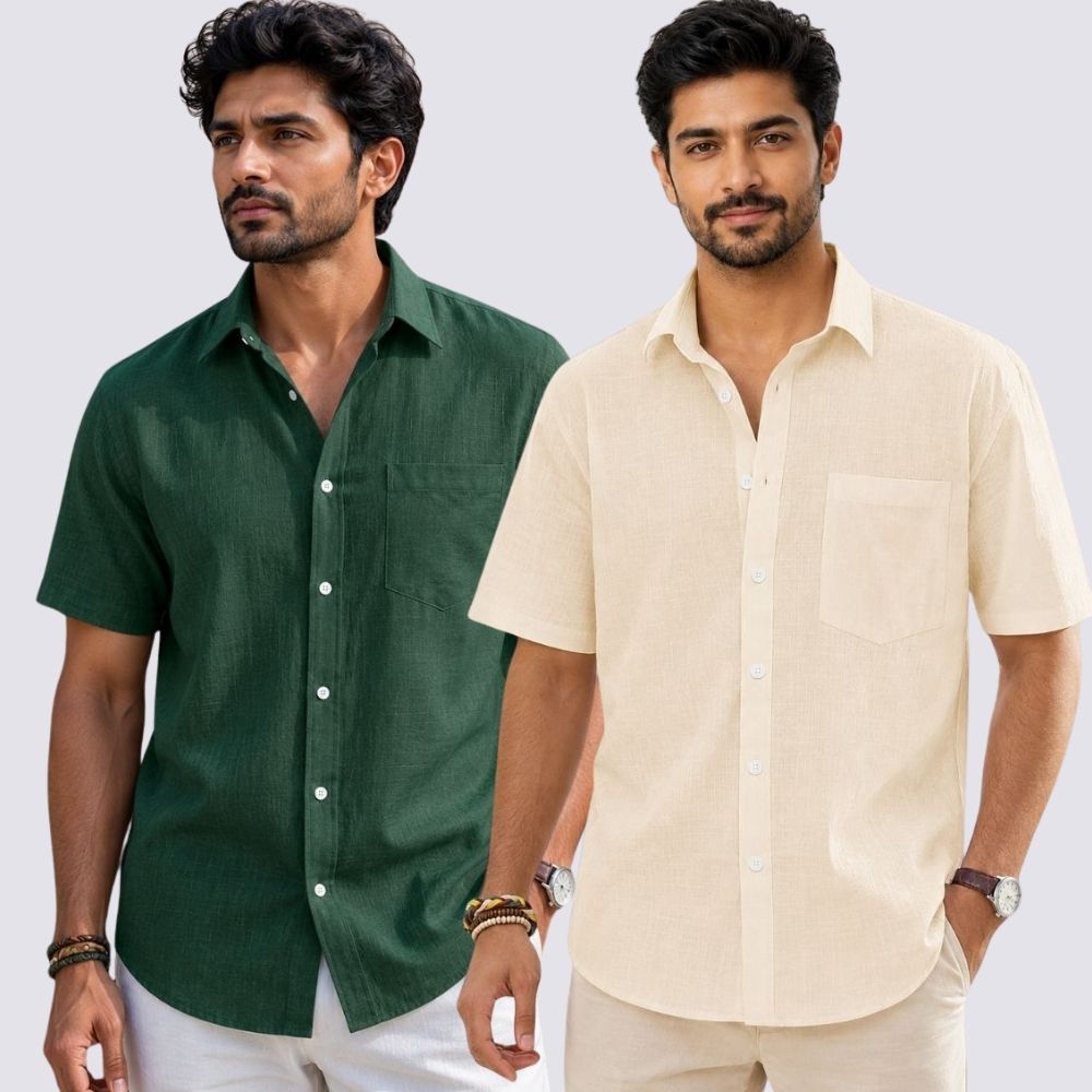 Combo of 2 Cotton Linen Half Sleeve Shirt Light Beige and Bottle Green-51997