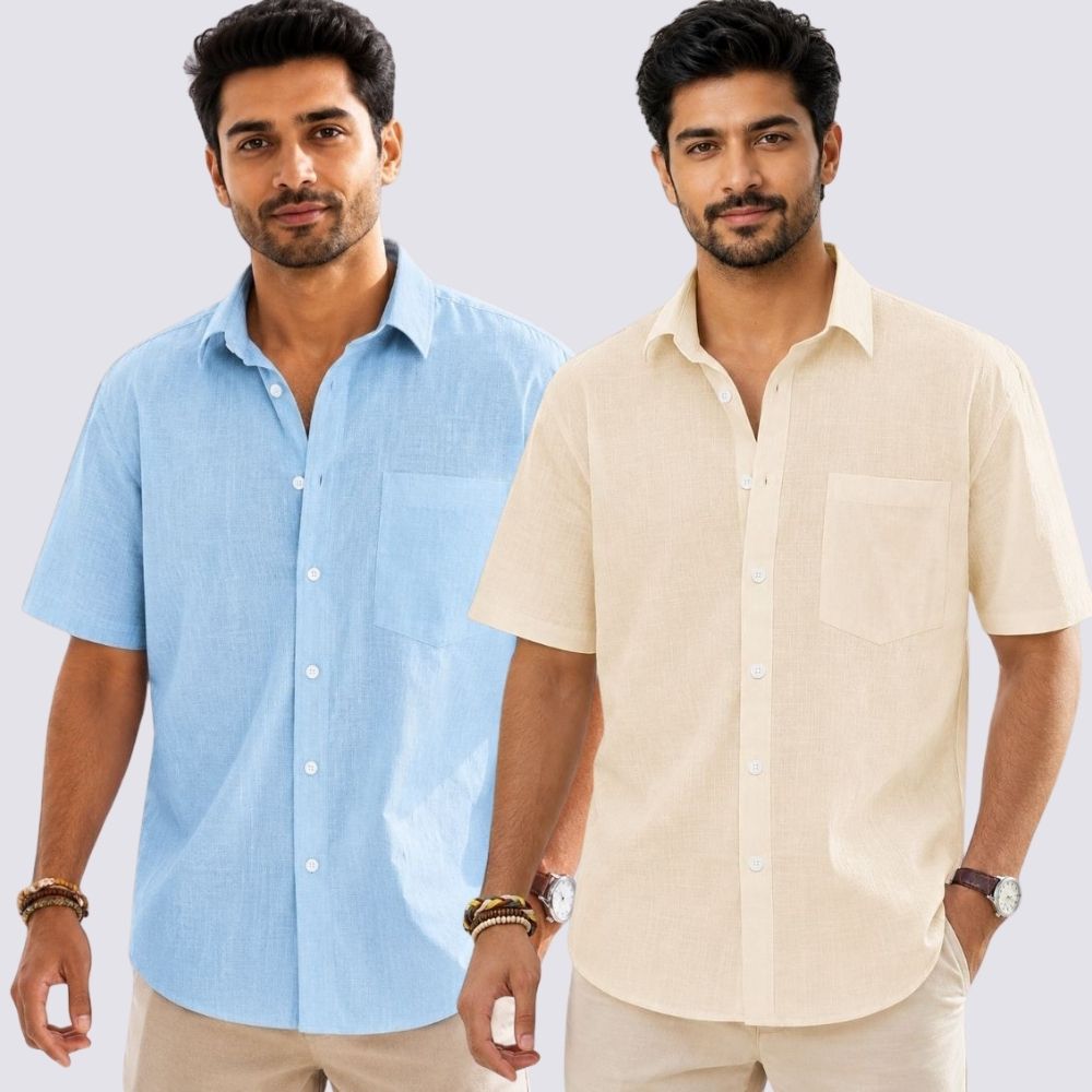 Combo of 2 Cotton Linen Half Sleeve Shirt Light Beige and Light Blue-52001