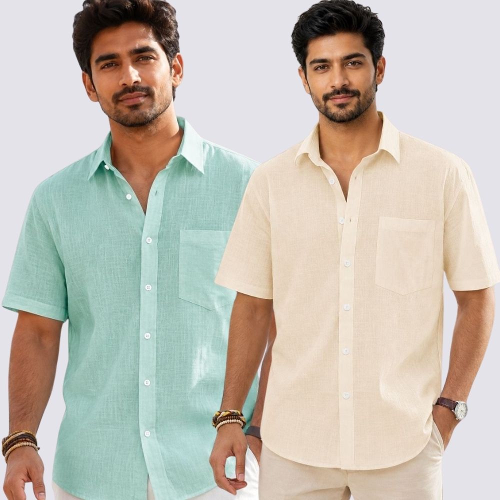 Combo of 2 Cotton Linen Half Sleeve Shirt Light Beige and Parrot Green-51998