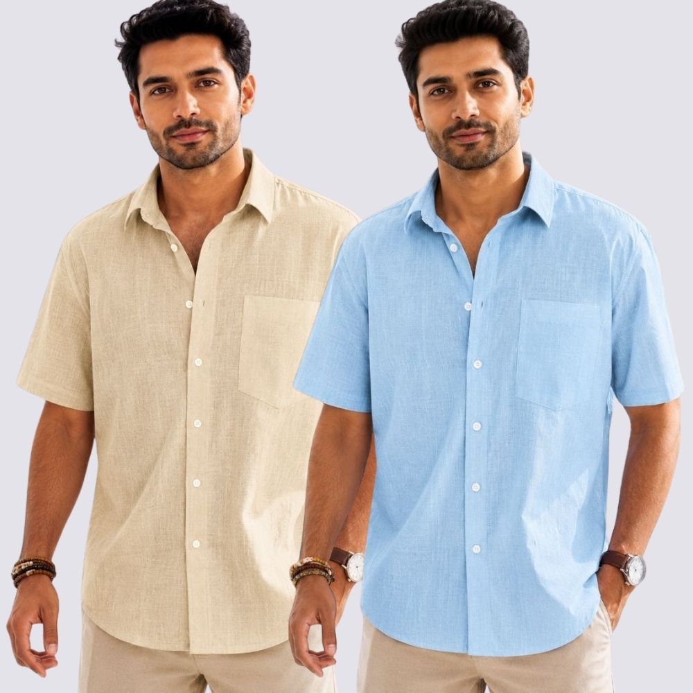 Combo of 2 Cotton Linen Half Sleeve Shirt Light Blue and Beige-52023