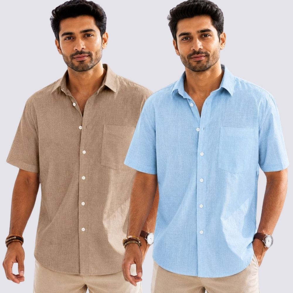 Combo of 2 Cotton Linen Half Sleeve Shirt Light Blue and Dark Beige-52022