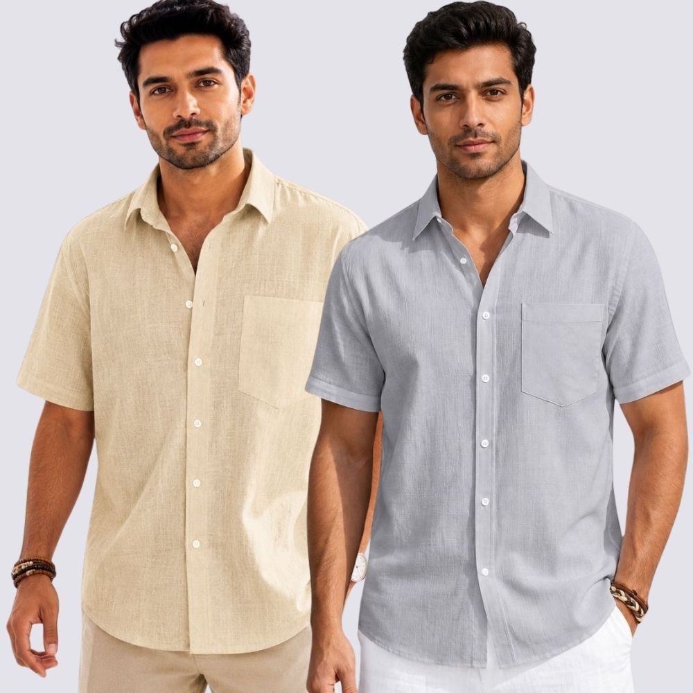 Combo of 2 Cotton Linen Half Sleeve Shirt Light Gray and Beige-51988