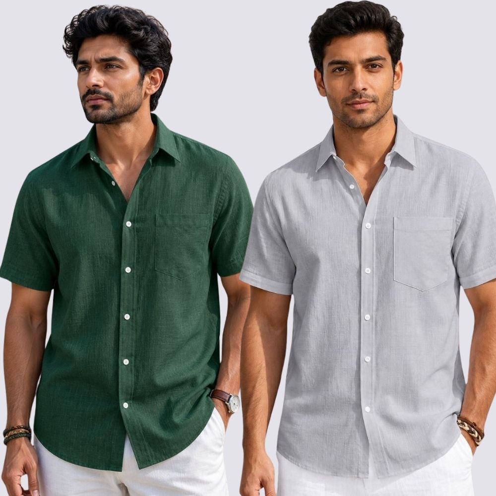 Combo of 2 Cotton Linen Half Sleeve Shirt Light Gray and Bottle Green-51982