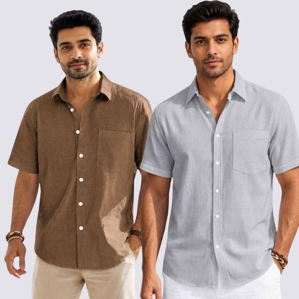 Combo of 2 Cotton Linen Half Sleeve Shirt Light Gray and Brown-51984