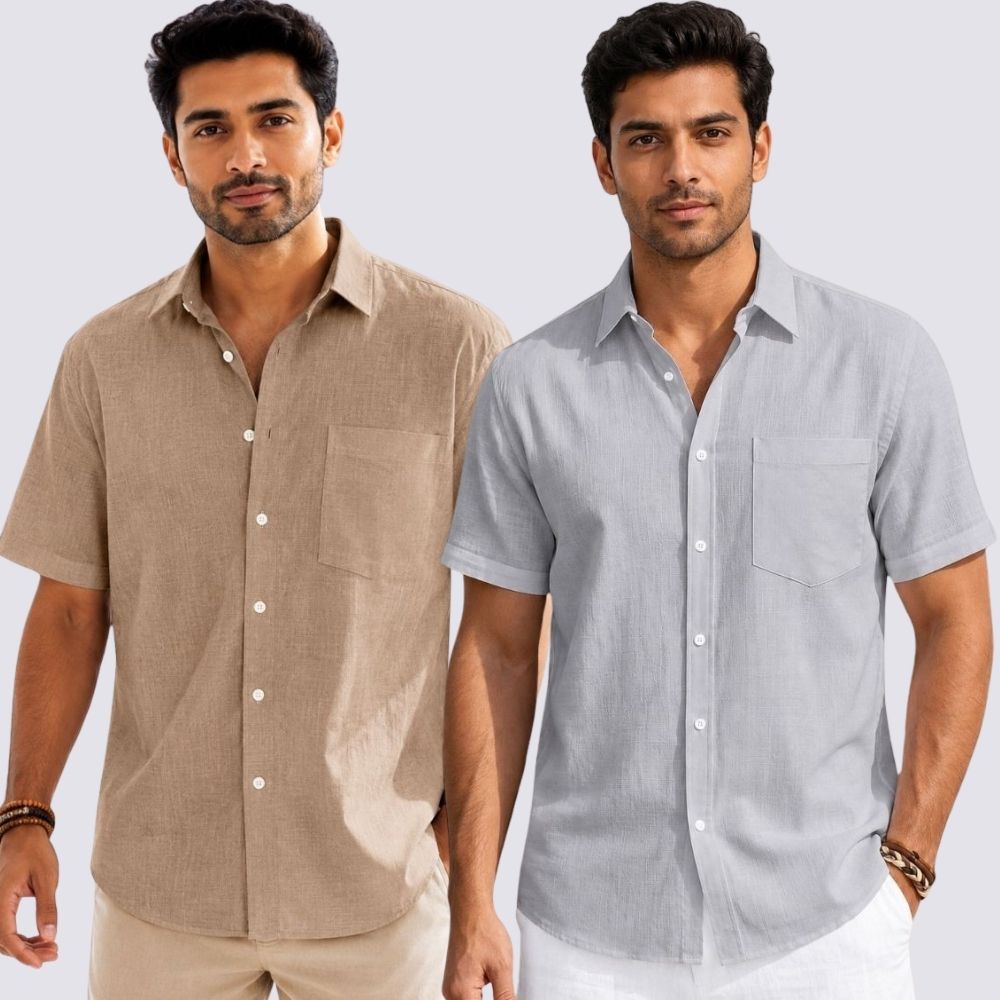 Combo of 2 Cotton Linen Half Sleeve Shirt Light Gray and Dark Beige-51987