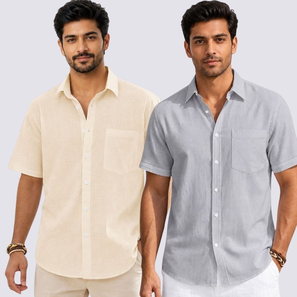 Combo of 2 Cotton Linen Half Sleeve Shirt Light Gray and Light Beige-51981