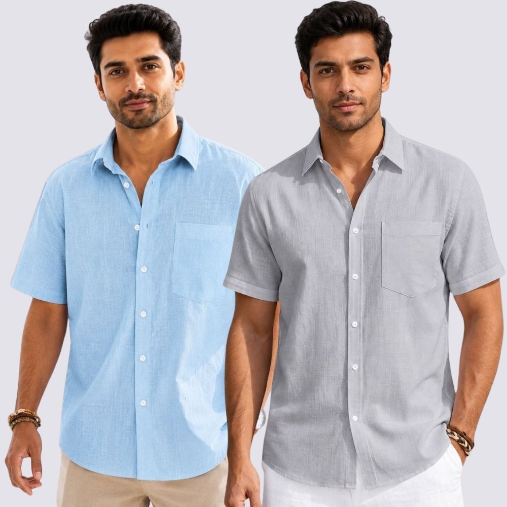 Combo of 2 Cotton Linen Half Sleeve Shirt Light Gray and Light Blue-51986