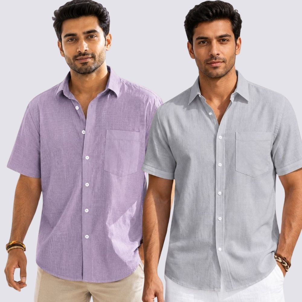 Combo of 2 Cotton Linen Half Sleeve Shirt Light Gray and Purple-51985