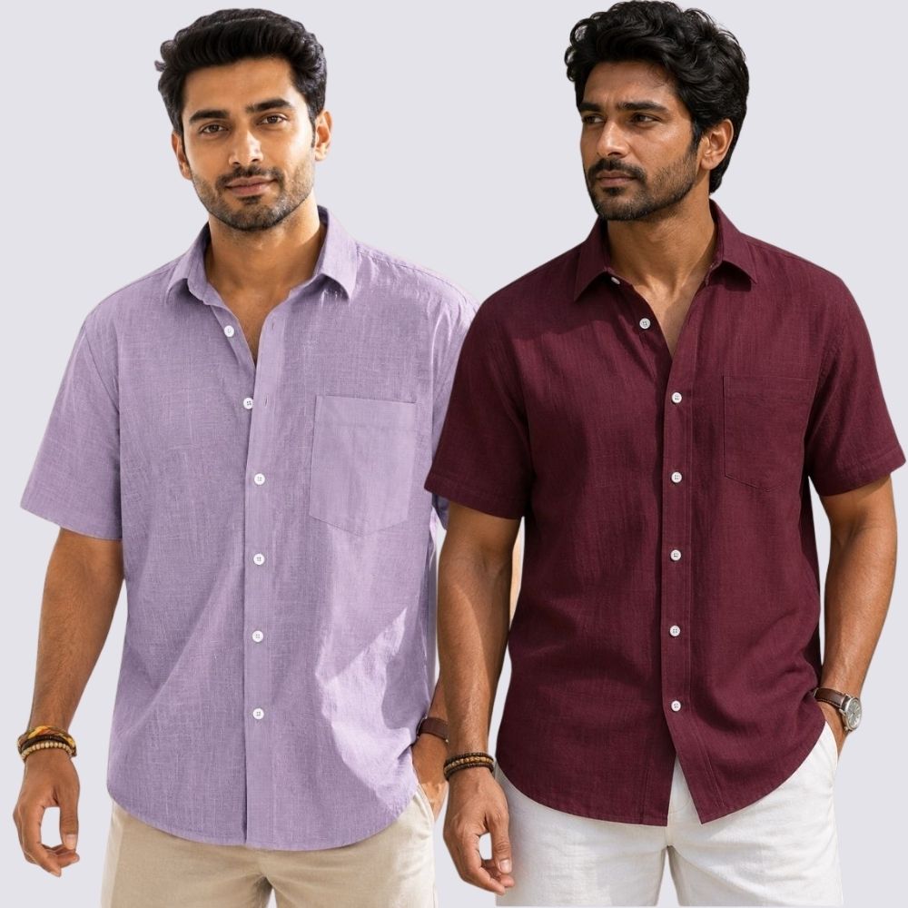 Combo of 2 Cotton Linen Half Sleeve Shirt Maroon and Purple-51976