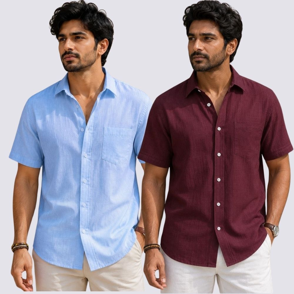 Combo of 2 Cotton Linen Half Sleeve Shirt Maroon and Sky Blue-51971