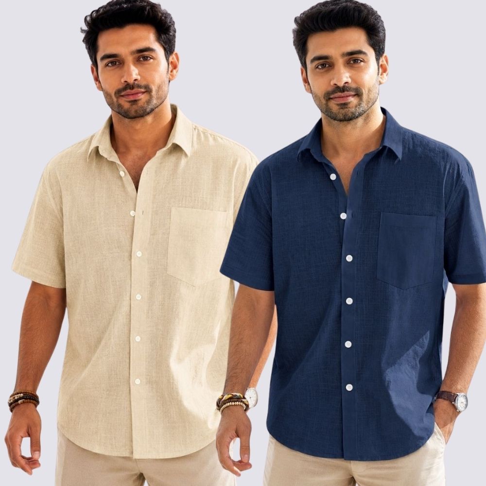 Combo of 2 Cotton Linen Half Sleeve Shirt Navy Blue and Beige-51969