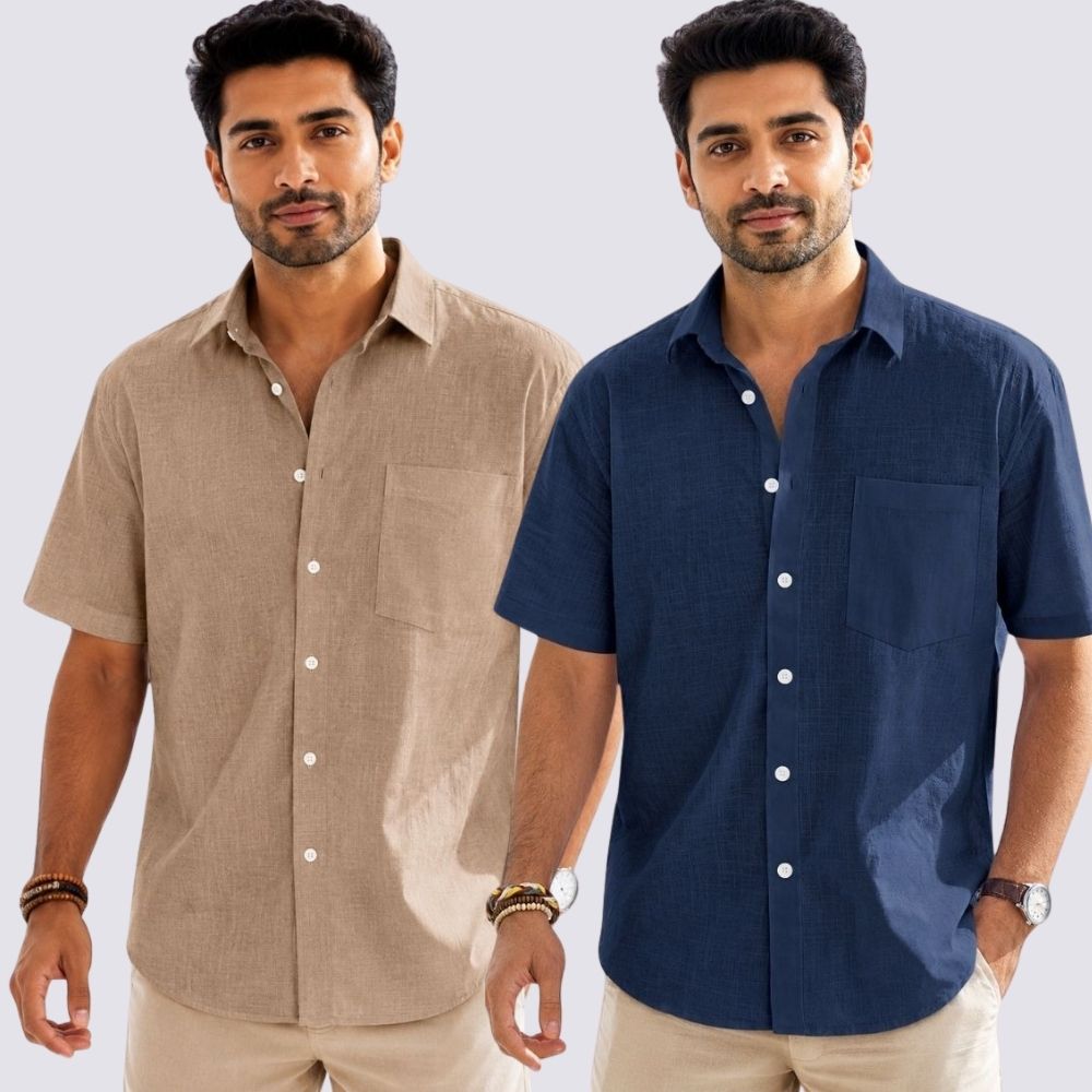 Combo of 2 Cotton Linen Half Sleeve Shirt Navy Blue and Dark Beige-51968