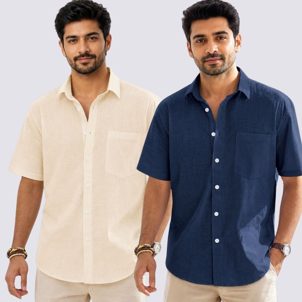 Combo of 2 Cotton Linen Half Sleeve Shirt Navy Blue and Light Beige-51962