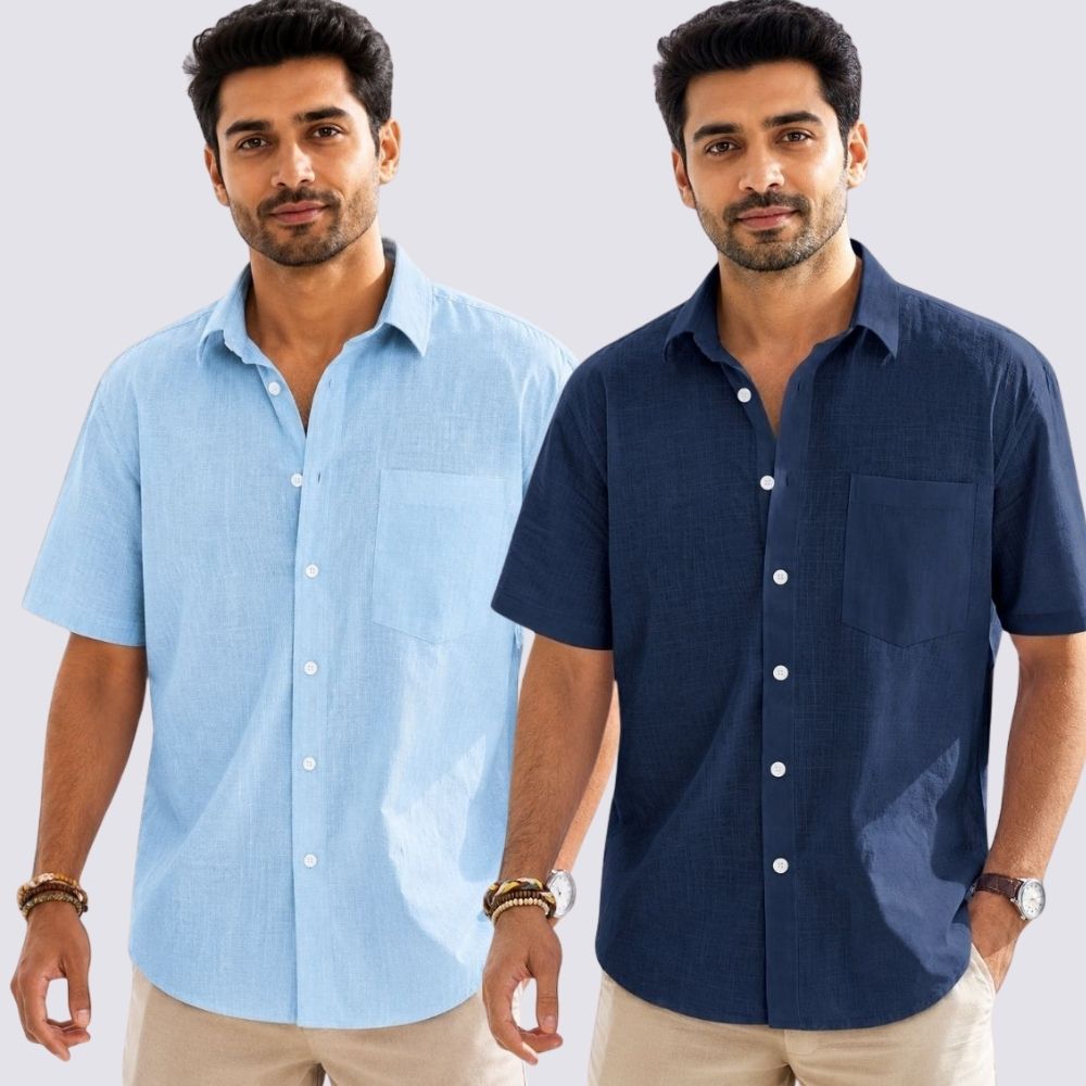 Combo of 2 Cotton Linen Half Sleeve Shirt Navy Blue and Light Blue-51967