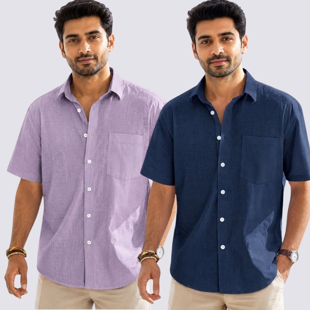 Combo of 2 Cotton Linen Half Sleeve Shirt Navy Blue and Purple-51966