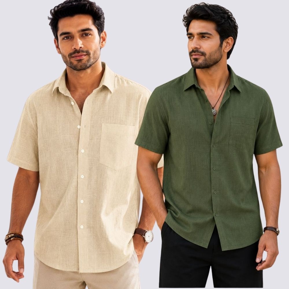 Combo of 2 Cotton Linen Half Sleeve Shirt Olive Green and Beige-51958
