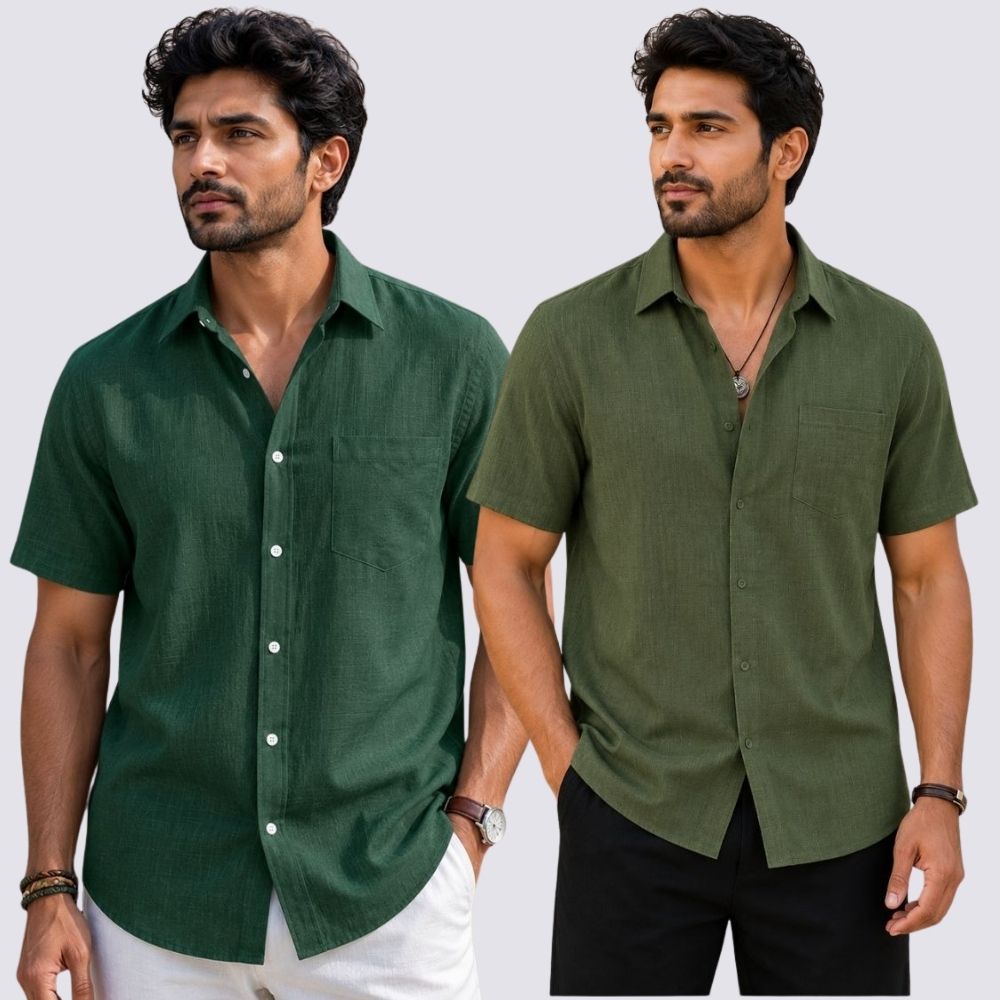 Combo of 2 Cotton Linen Half Sleeve Shirt Olive Green and Bottle Green-51952