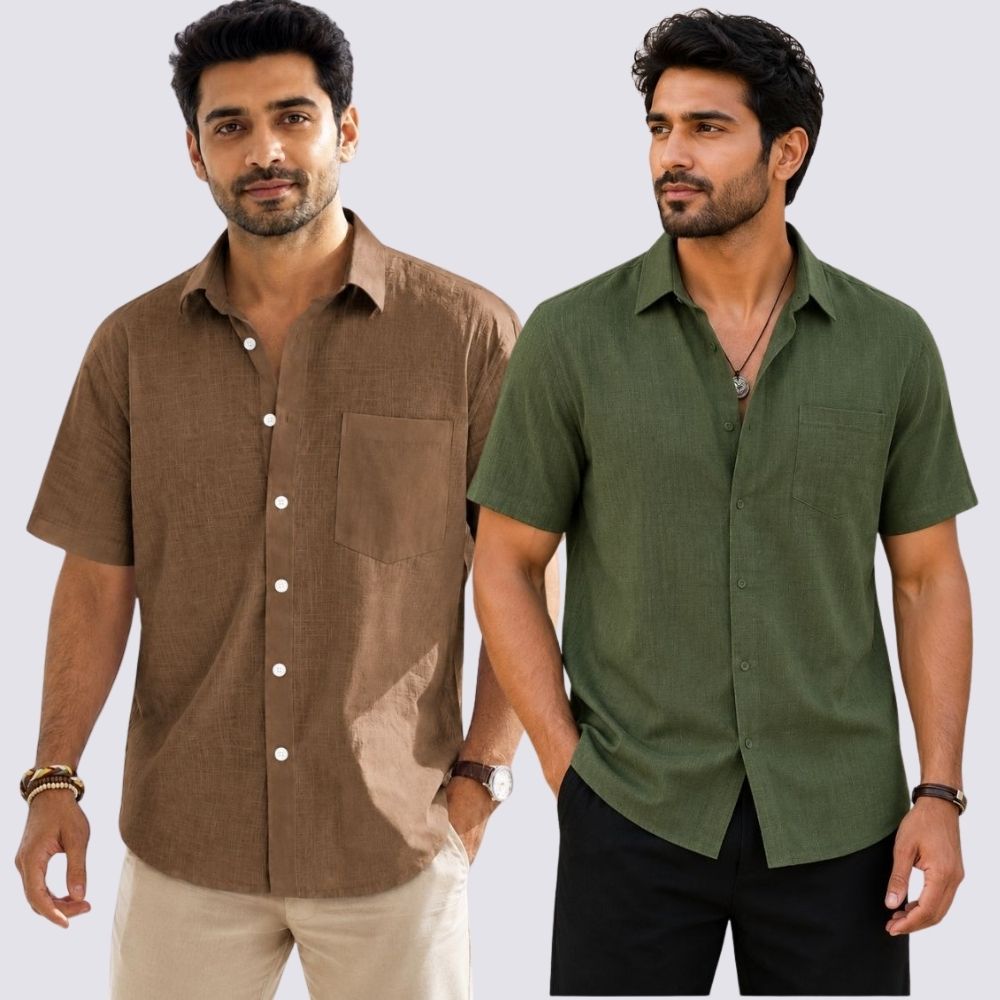 Combo of 2 Cotton Linen Half Sleeve Shirt Olive Green and Brown-51954