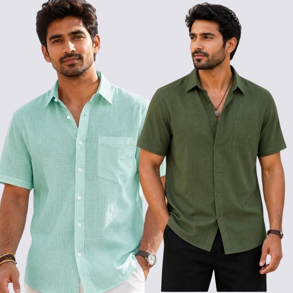 Combo of 2 Cotton Linen Half Sleeve Shirt Olive Green and Parrot Green-51953