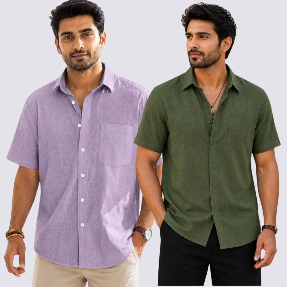 Combo of 2 Cotton Linen Half Sleeve Shirt Olive Green and Purple-51955